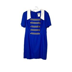 Lanz Original Vintage Dress Sailor Blue Gold Buttons Linen Blend Size 12